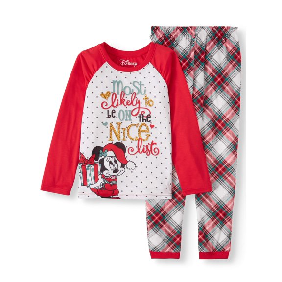 Girl's Holiday Minnie Mouse Raglan Long Sleeve Top and Minky Jogger Pant, 2-Piece Pajama Set (Little Girls & Big Girls)