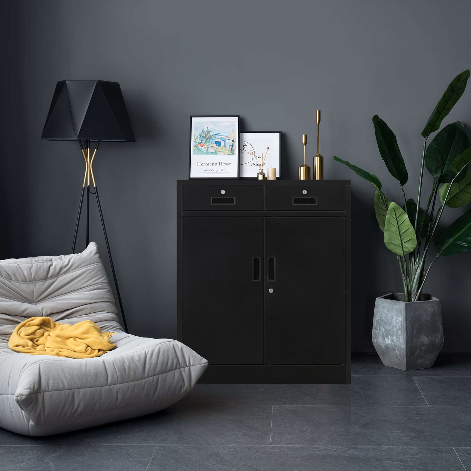 Metal Storage Cabinet with 2 drawers. Lockable Steel Storage Cabinet with Doors and Shelve, 37”H Office Cabinet for Home, Garage, Warehouse with large storage space. (Black)