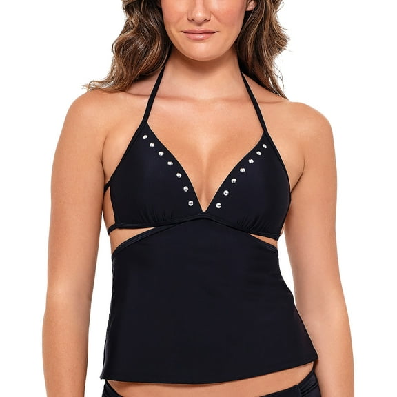 SALT   COVE Women's Black Stretch Studded Lined Deep V Neck Tie Tankini Swimsuit Top S