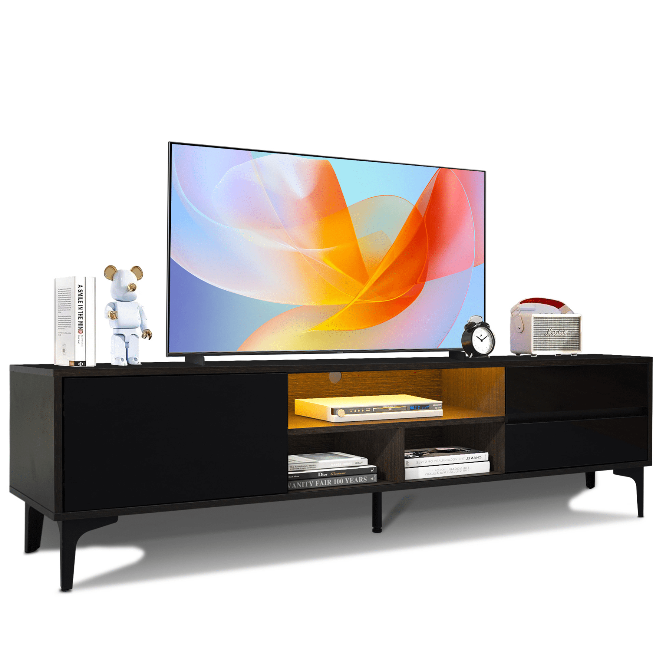 SESSLIFE TV Stand for 70 Inch TV, TV Console Table with RGB LED Lights, Modern Wood Entertainment Center with Cabinet and Drawers, TV Cabinet for Living Room, Bedroom, Black