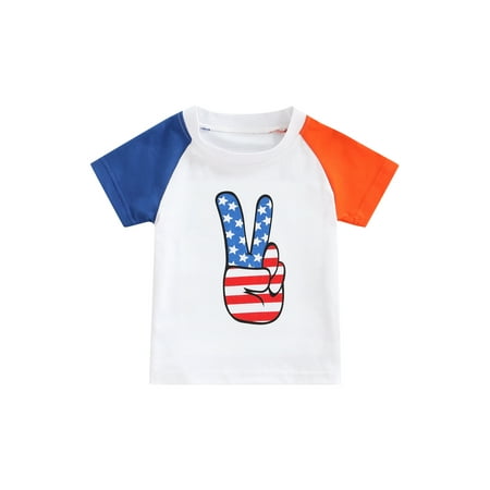

JYYYBF Kids Little Girls Boys Summer T-Shirt Short Sleeve O-Neck Letter Finger Print Independence Day Tops Patchwork Shirt