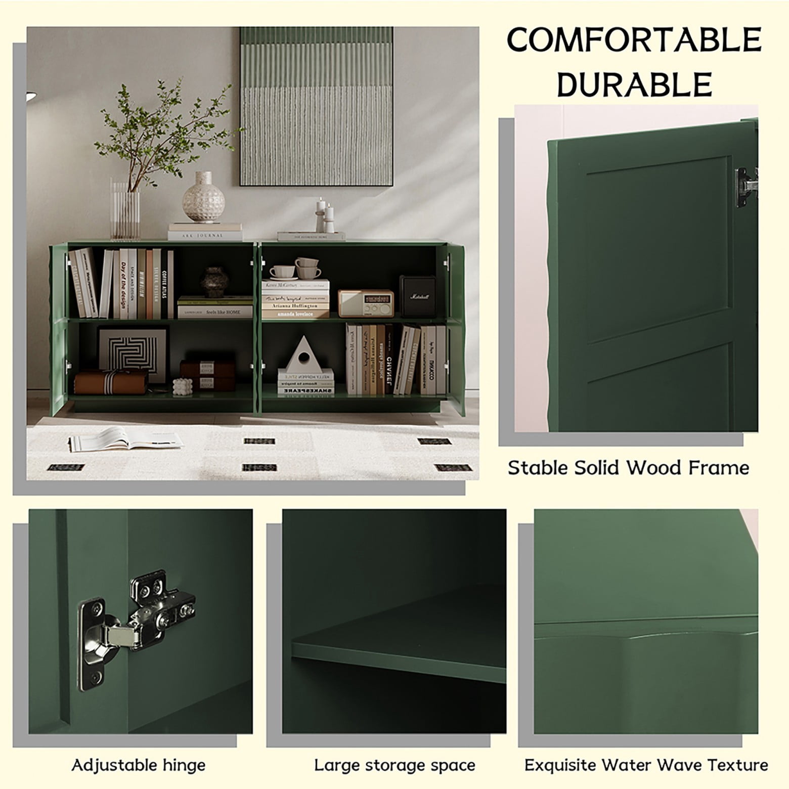 Modern 59" Buffet Cabinet with Storage, 4-Door Wave Textured Sideboard, Black Accent Console Table, Floor Standing Credenza for Living Room Kitchen, Green