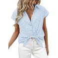 thumbnail image 3 of PRETTYGARDEN Womens Button Down Shirts V Neck Short Cap Sleeve Collared Plaid Tops Summer Spring Casual Blouses Clothes, 3 of 8
