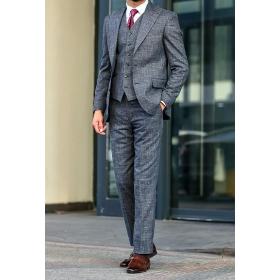 Men's Suit, Navy Blue Dovetail Collar Modern Slim Fit Suit with Vest