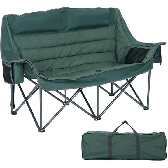 Oversized Double Camping Chair, Padded Folding Loveseat with Cup Holders, Cooler Bag & Carry Case for Outdoor Relaxation (Green)