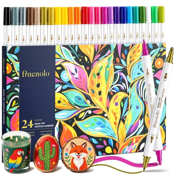 Finenolo 24 Colors Dual Tip Acrylic Paint Markers, Dot Tip and Fine Tip Acrylic Paint Pens with 2 Metallic Color for Rock Painting, Ceramic, Wood, Canvas, Plastic, Glass, Stone, Calligraphy, Card