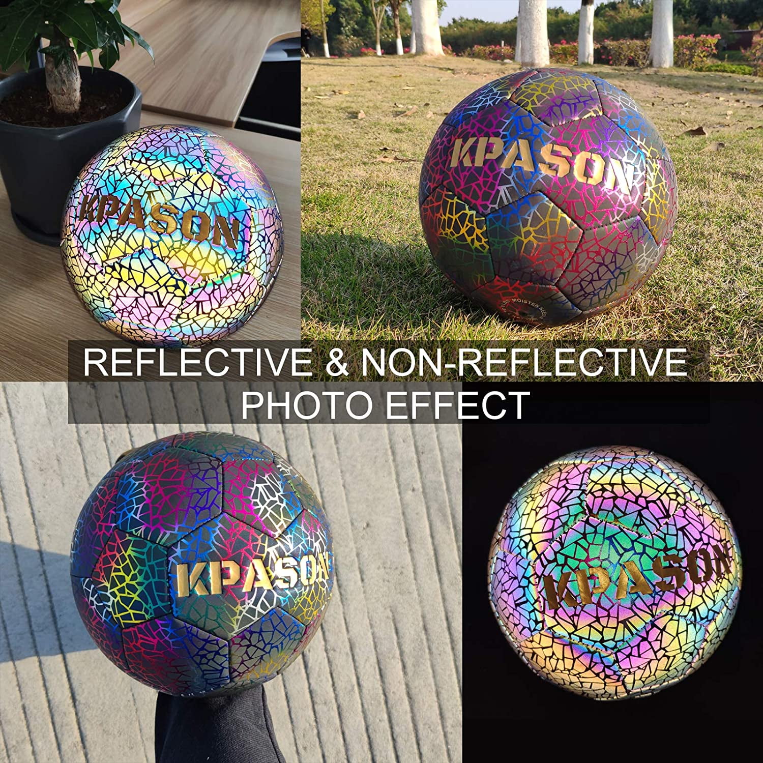 KPASON Soccer Ball, Holographic Soccer Ball Size 5 with Pump and Bag, Reflective Glowing Soccer Ball for Boys, Girls, Youth, and Adult Night Games