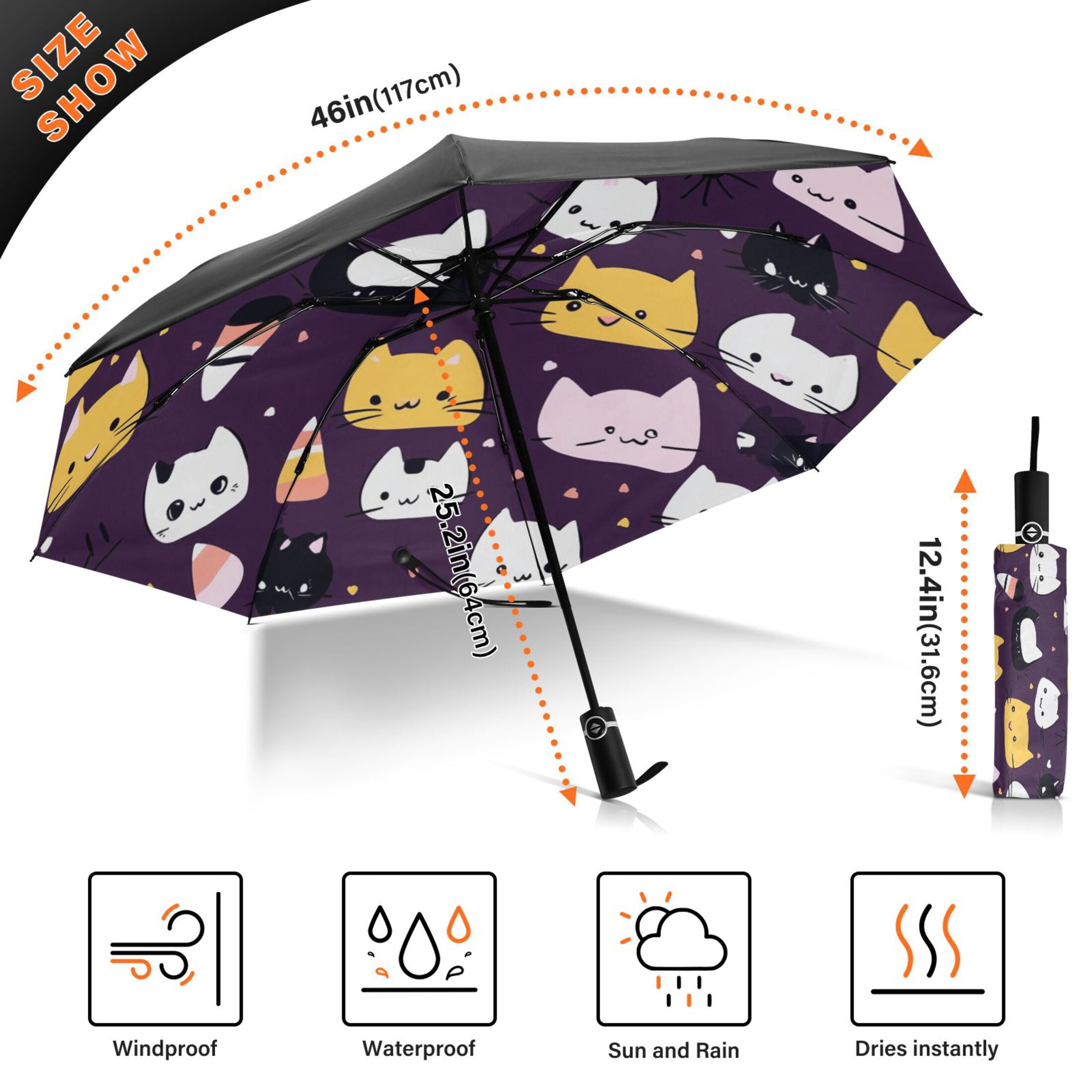 Cute Cats Extra Large Automatic Umbrella, UV Protection, Waterproof, Auto Open and Close