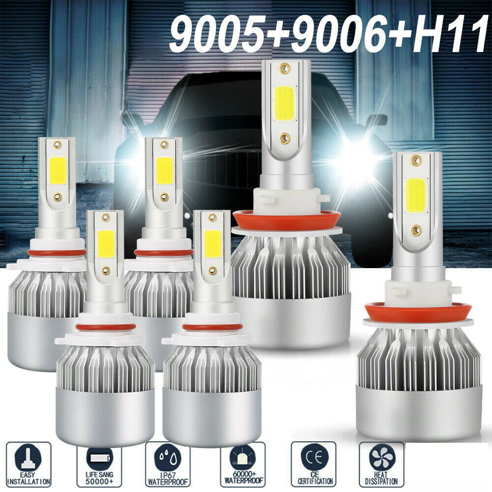H11 6pcs LED Headlights Hi//Low Beam Bulbs 6000K Fog Light w//Fan 9006 9005