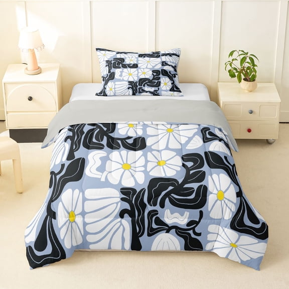 Homewish Vintage Daisy Floral Twin Comforter Sets,Boho Geometric Art Bedding Set,White Blue,Light Gray Reversible,2pcs,1 Comforter and 1 Pillowcase