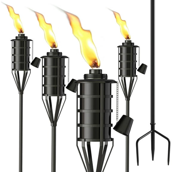 Upgraded Citronella Garden Torch Set of 4, Large Capacity 16oz Metal Torch for Outside, 59.5 Inch Black Home Torches with 3-Prong Grounded Stake, Metal Torch Light for Party Patio Pathway