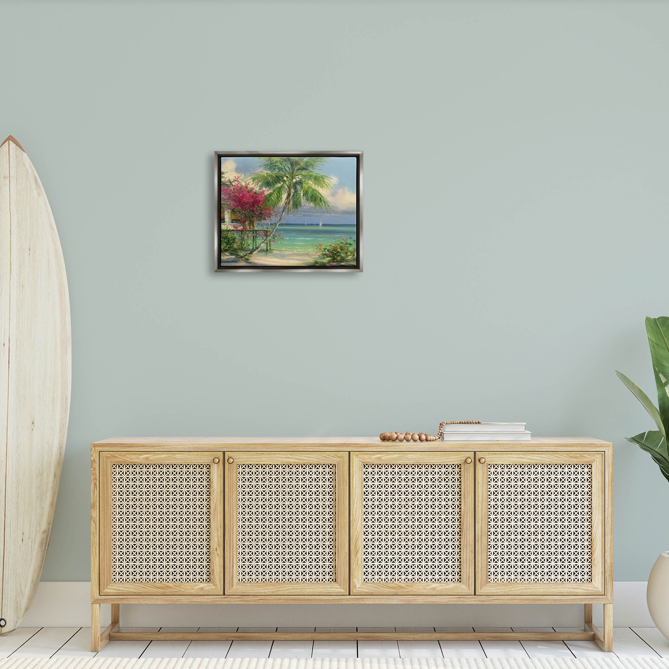 Floral Tropical Summer Vacation Resort Landscape Painting Luster Gray Framed Art Print Wall Art