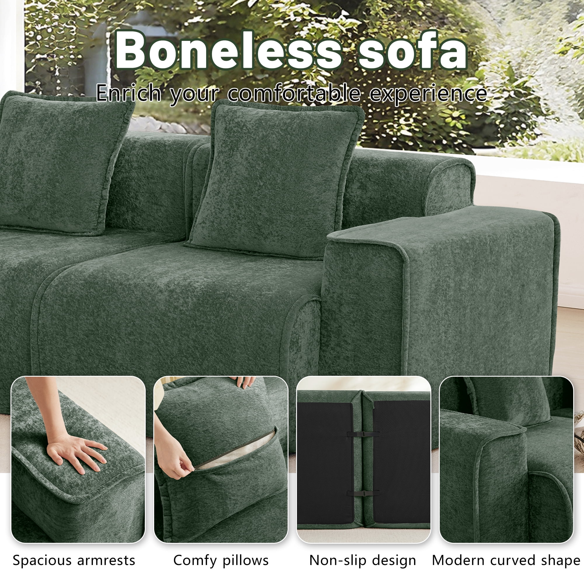 Aukfa 109" Oversized Boneless Couch Deep Seat 3 Seat Cloud Sofa for Living Room Bedroom, 3 Pillows, Velvet, Green