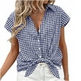 thumbnail image 4 of Craaazy Women's Short Sleeve Tops Gingham Print Tie Front Collared Button Down Shirts for Casual Daily Wear, 4 of 6