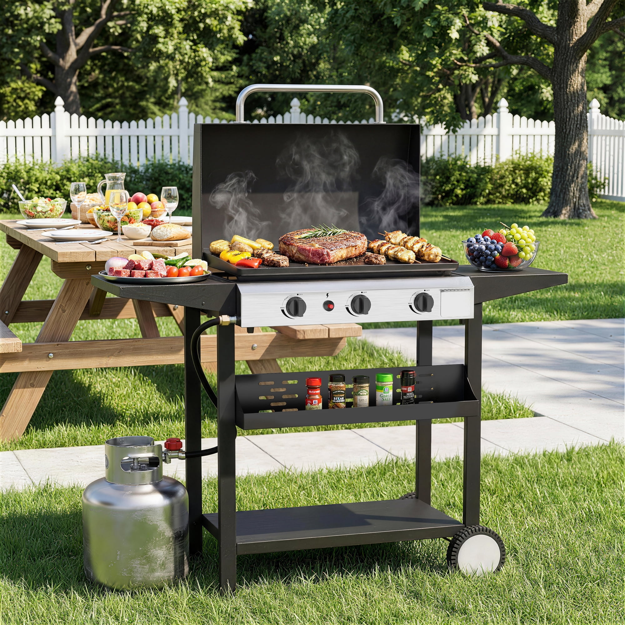 SKOK 23'' 3-Burner Portable Flat Top Gas Griddle with Hood, 45,000 BTU Outdoor Propane Griddle Station, 326 Sq. In. Cooking Surface & Side Shelves for BBQ, Camping, Tailgating, Silver