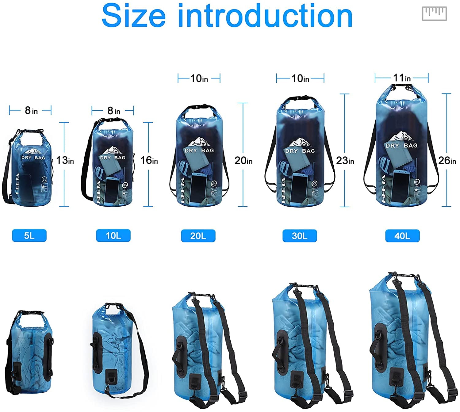 Waterproof Dry Bag for Women Men, 5L/10L/20L/30L/40L Roll Top Lightweight  Dry Storage Bag Backpack with Phone Case for Travel, Swimming, Boating,  Kayaking, Camping and Beach 