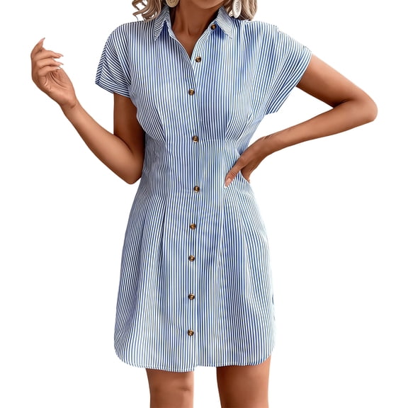 Alkepwun Womens Summer Dresses Vertical Striped Collared Cap Sleeve Button Down Pleated Waist Cinched Slim Fit Mini Shirt Dress Lightweight Breathable Flowing Dress