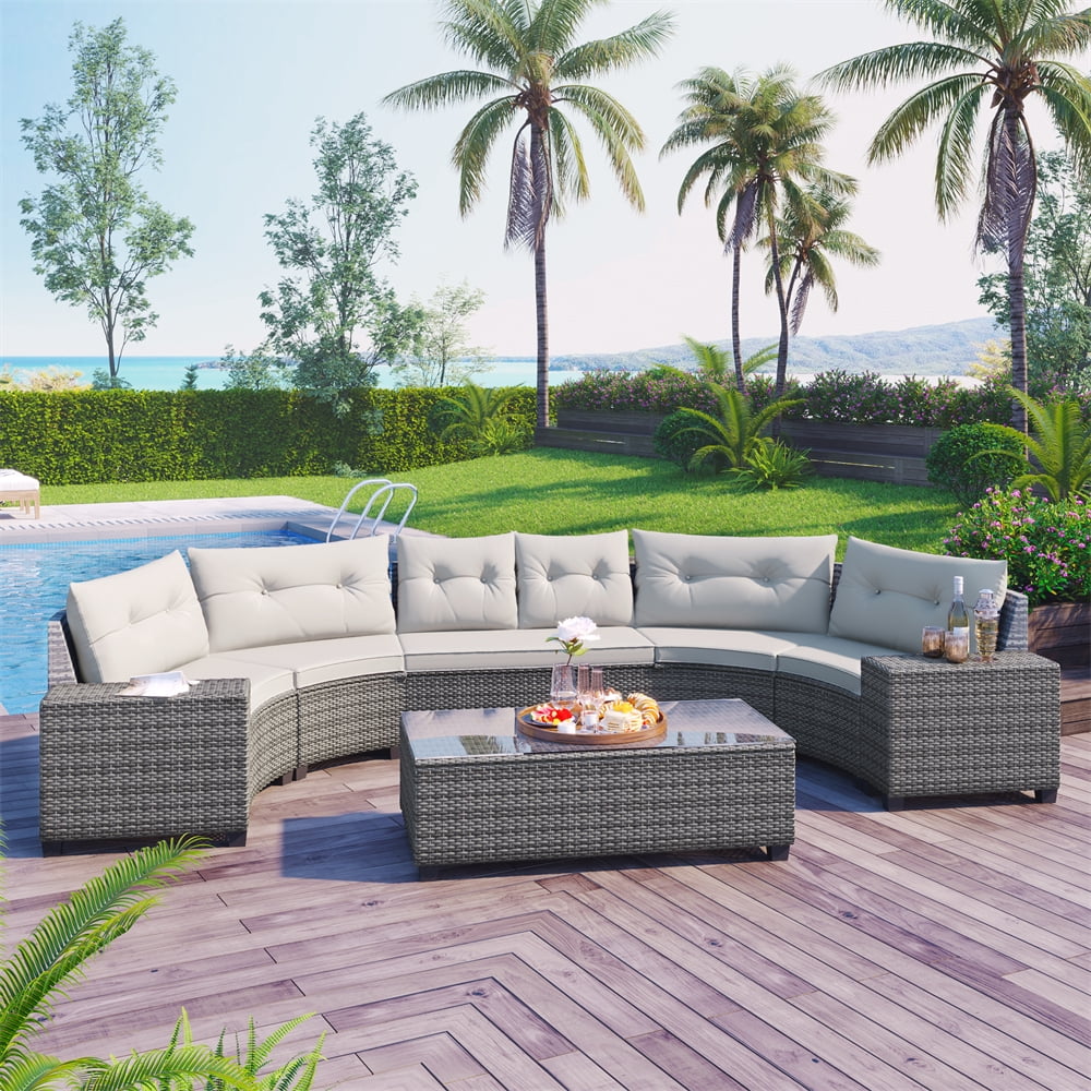 8 Pieces Outdoor Wicker Round Furniture Set, All Weather Half-Moon Sectional Patio Sofa Sets with Rectangular Coffee Table, Beige
