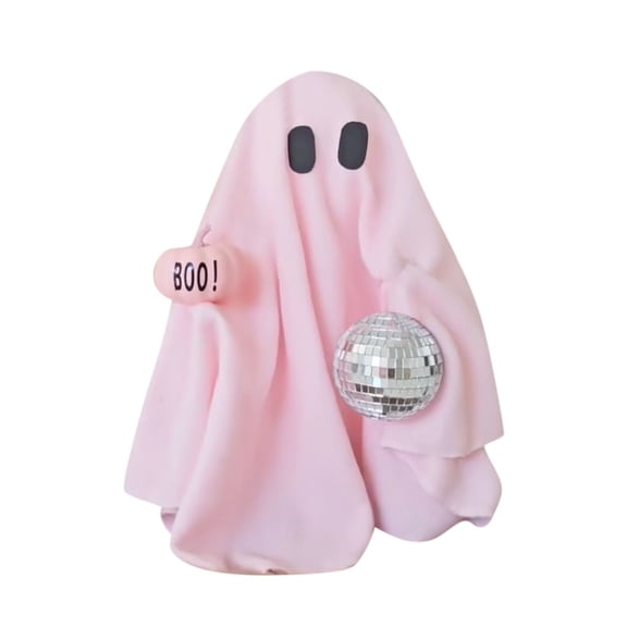 Luyimi Halloween Pink Lighted Ghost Figurine, Cute Spooky Ghost Statue with Sign Mini Disco Ball, Decorative Tabletop Ornament for Tiered Tray Shelf Mantel, Indoor Home Halloween Party Decor