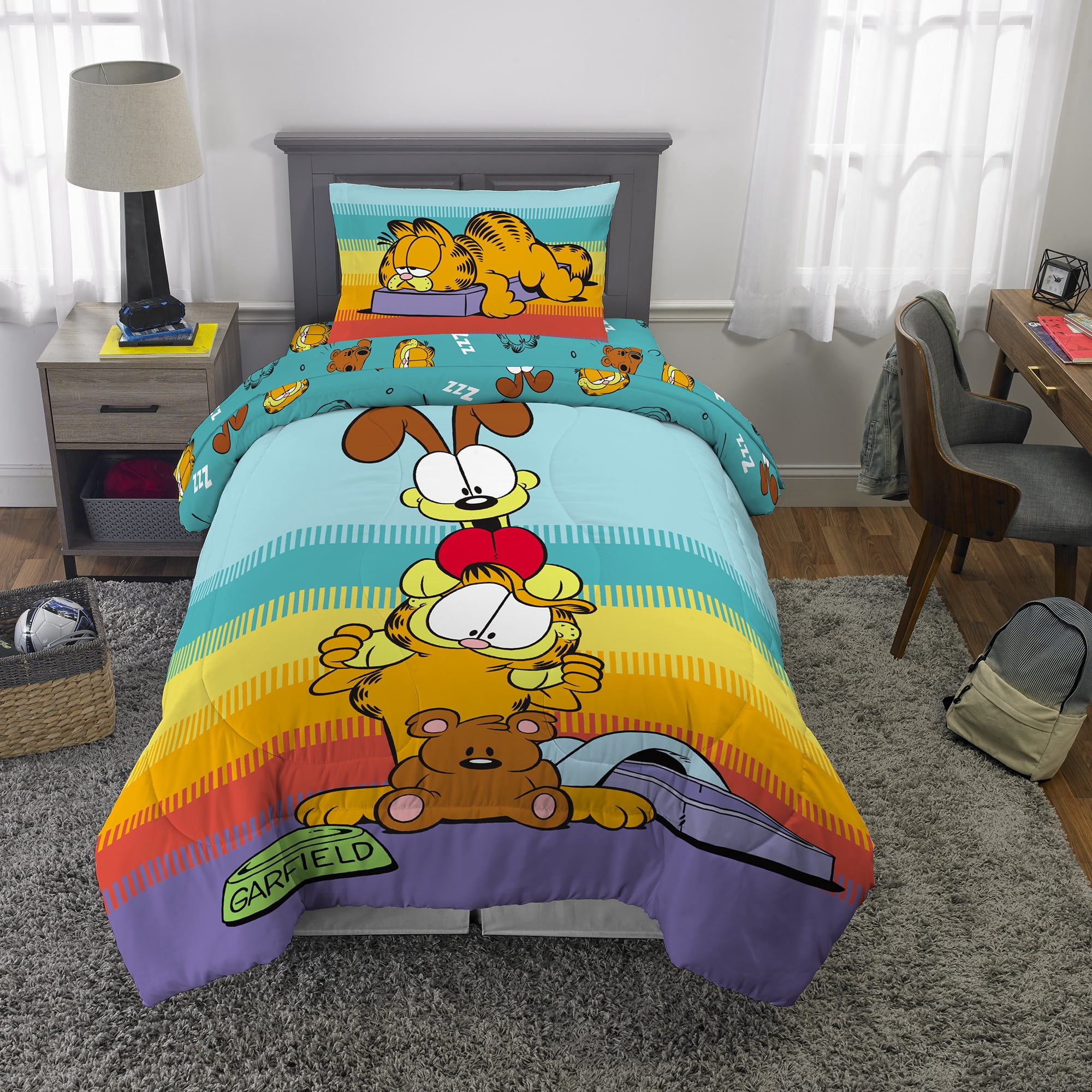 Garfield Kids 4 Piece Teal Blue Orange Reversible Comforter, Bed in a Bag, Twin