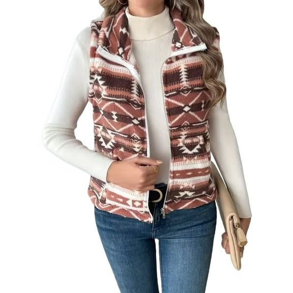 Womens Fuzzy Fleece Vest, Casual Warm Sleeveless Zip Up Vest Jacket with Pockets for Fall/Winter Deep Red S