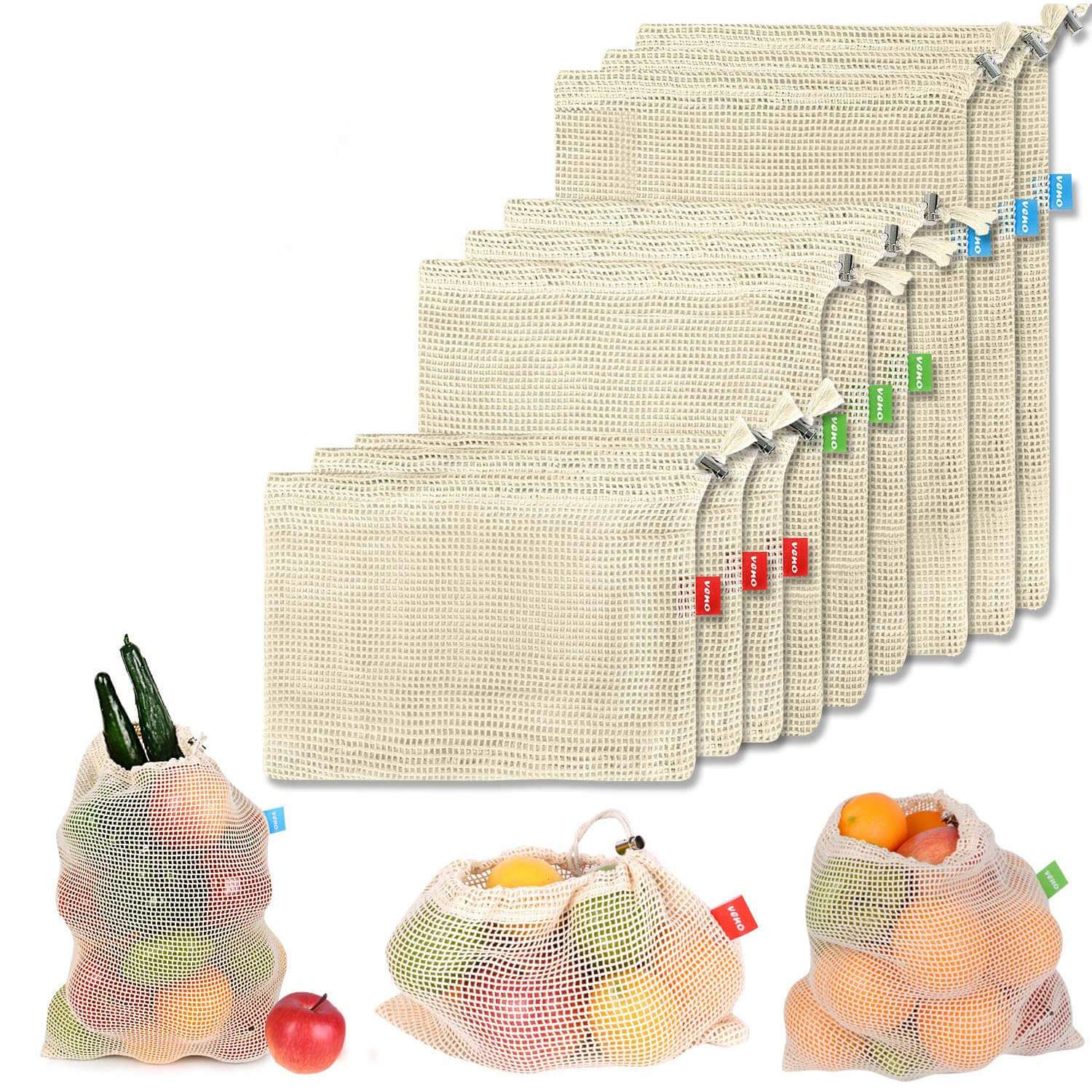 Reusable Mesh Cotton Produce Bags, Raw, Unbleached, Biodegradable