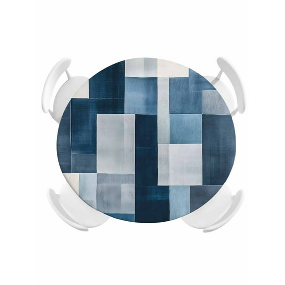 Round Tablecloth Abstract Blue Checkered Elastic Edge Fitted Modern Watercolor Art Plastic Table Cover,Waterproof Oil Proof for Dinner,Outdoor, Picnic, 55"- 60" DIA Tables