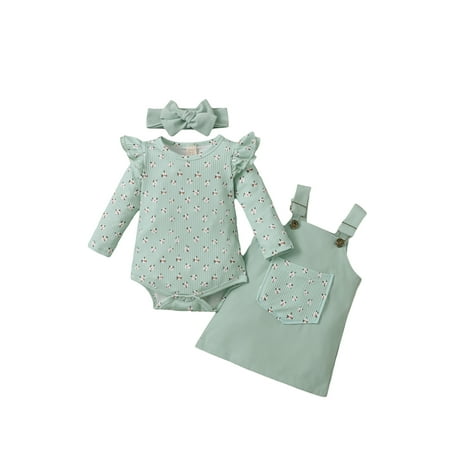 

Calsunbaby 3PCS Infant Newborn Baby Girls Suit Fashion Pitted Long Sleeve Romper and Pocket Suspender Skirt Headband