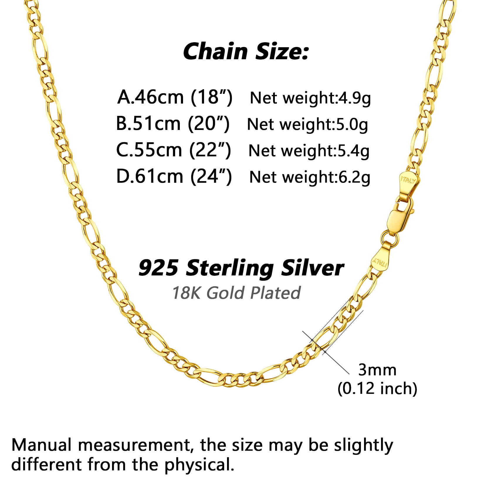 ChainsProMax Solid 925 Sterling Silver Figaro Chain Men Women Necklace, 3mm/5mm, 14"-28", Jewelry Gifts for Men/Women