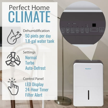 Keystone - 50 Pint Dehumidifier | LED Display | 24H Timer | Auto Shut-Off | Auto-Restart | For Rooms up to 4,500 Sq. Ft - White