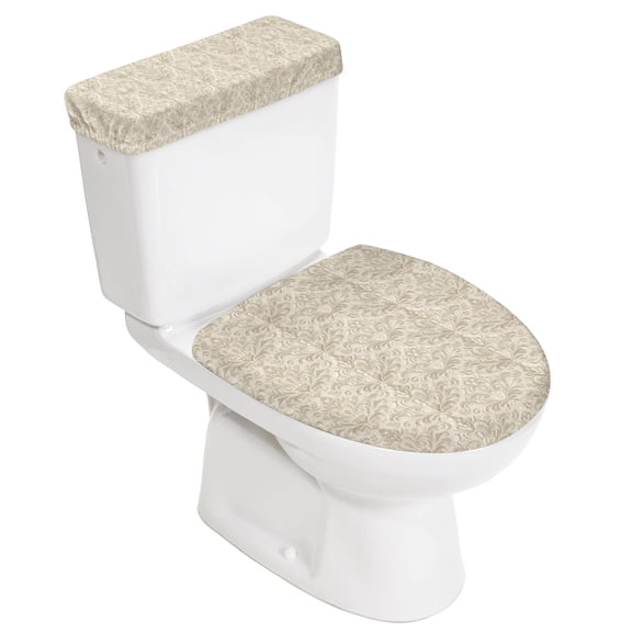 Beige Baroque Toilet Lid Cover and Tank Cover Set, Beige Baroque 2pc Stretch Toilet Lid Seat Covers for Bathroom Washable Protector with Elastic Edge for Standard & Elongated Toilets