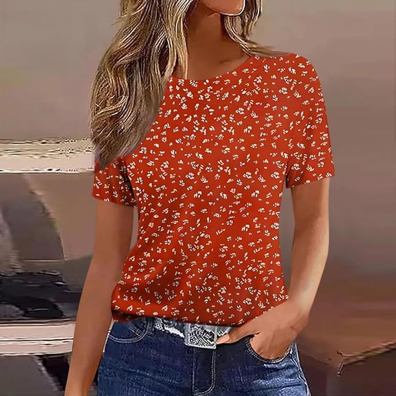 HOMBOM T Shirts for Women Graphic Tees Summer Red Crew Neck Floral Short Sleeve Ladies Tops Casual
