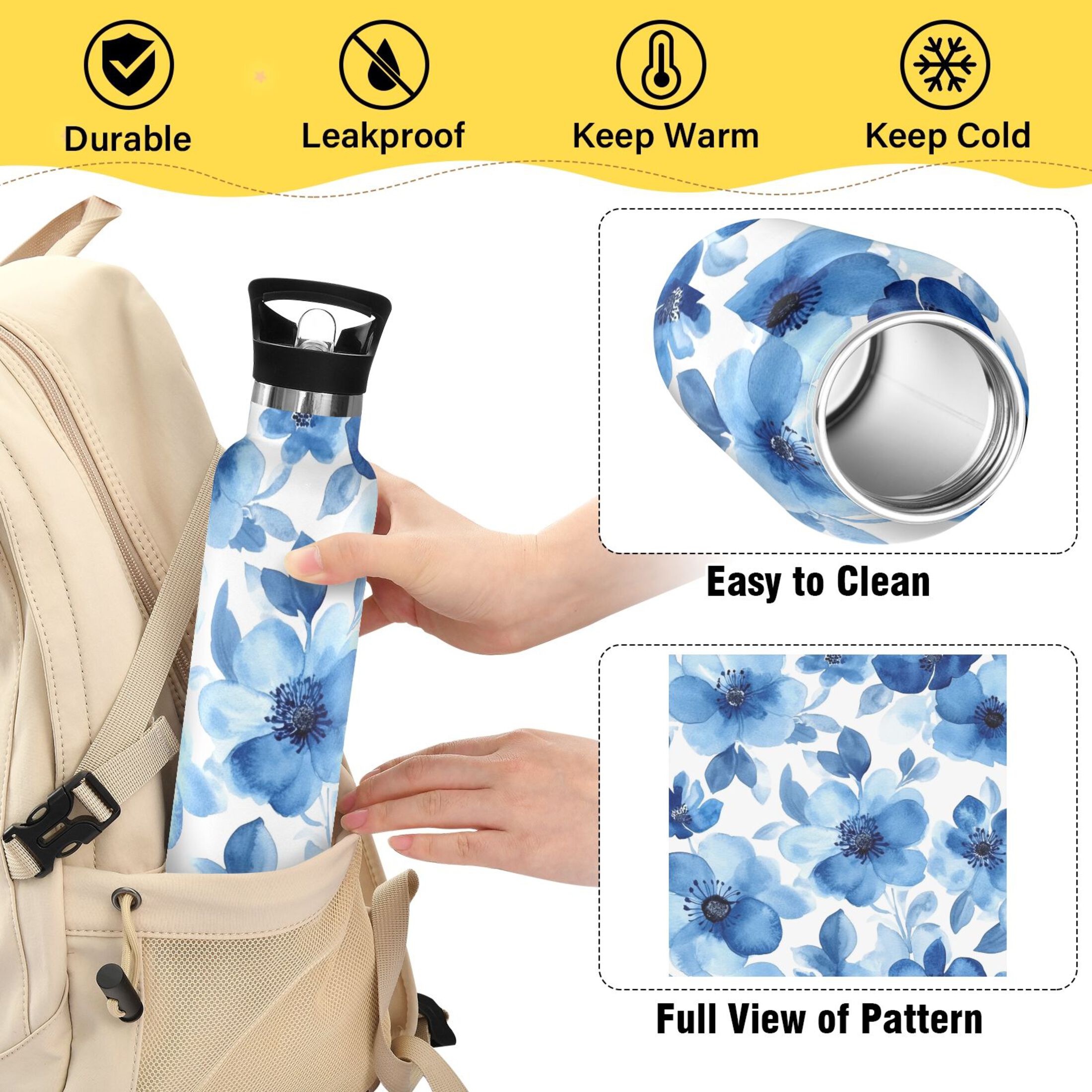 600ML Stainless Steel Insulated Cup Sports Water Bottle Portable Thermos Cup Water Glasses Insulated Tumblers Convenient and Durable Blue Flowers