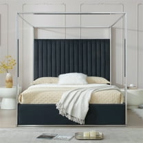 Jeffrey Canopy Velvet Upholstered Queen Bed Frame In Black