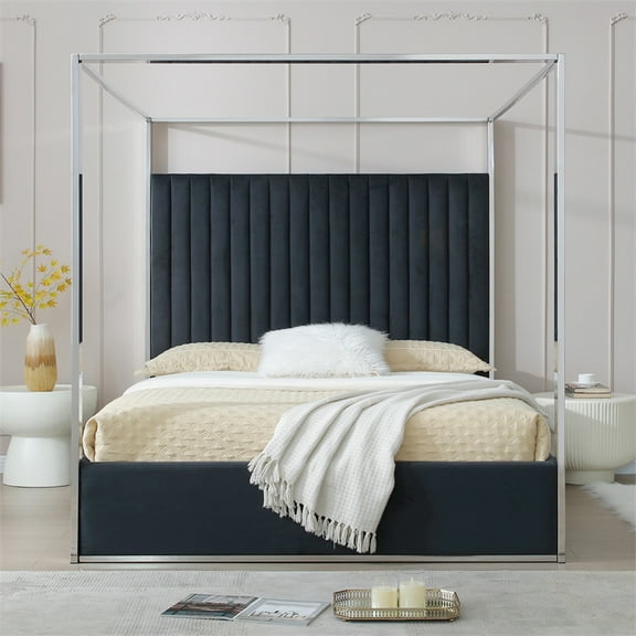 Jeffrey Canopy Velvet Upholstered Queen Bed Frame In Black