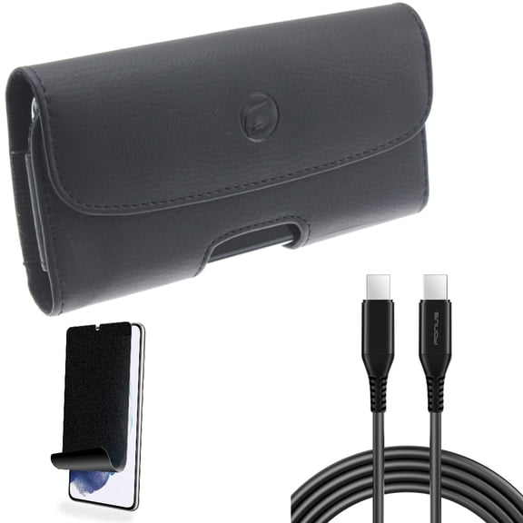 For Samsung Galaxy S21 (6.2") - [Fingerprint Works] TPU Film Privacy Screen Protector   Power PD Fast Charger Cord 6ft Long USB-C Cable   Holster Leather Case Belt Clip
