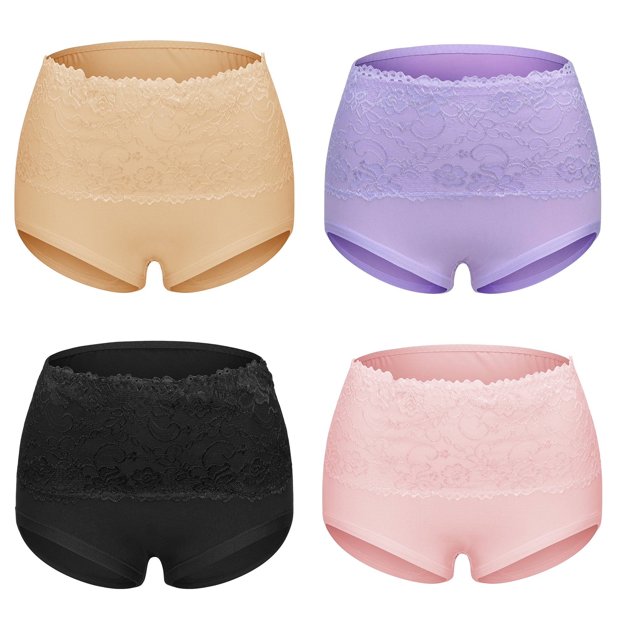LIQQY Women's 4 Pack Combed Cotton Lace Full Coverage High Rise Brief