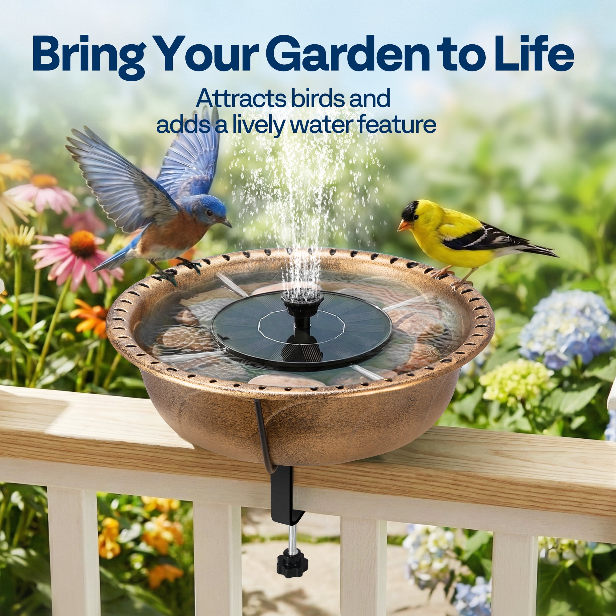 SPECSTAR Deck Mounted Bird Bath with Solar Fountain, Outdoor ABS Birdbath Bowl with Adjustable Metal Clamp, Solar Powered Pump for Railing, Fence, Balcony, 1.45 Gallons, Copper