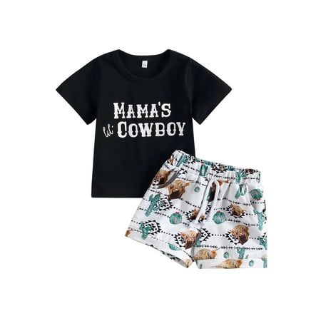 

Thaisu Toddler Baby Boy Western Outfit Cow Print Short Sleeve T Shirt Top Solid Shorts Set