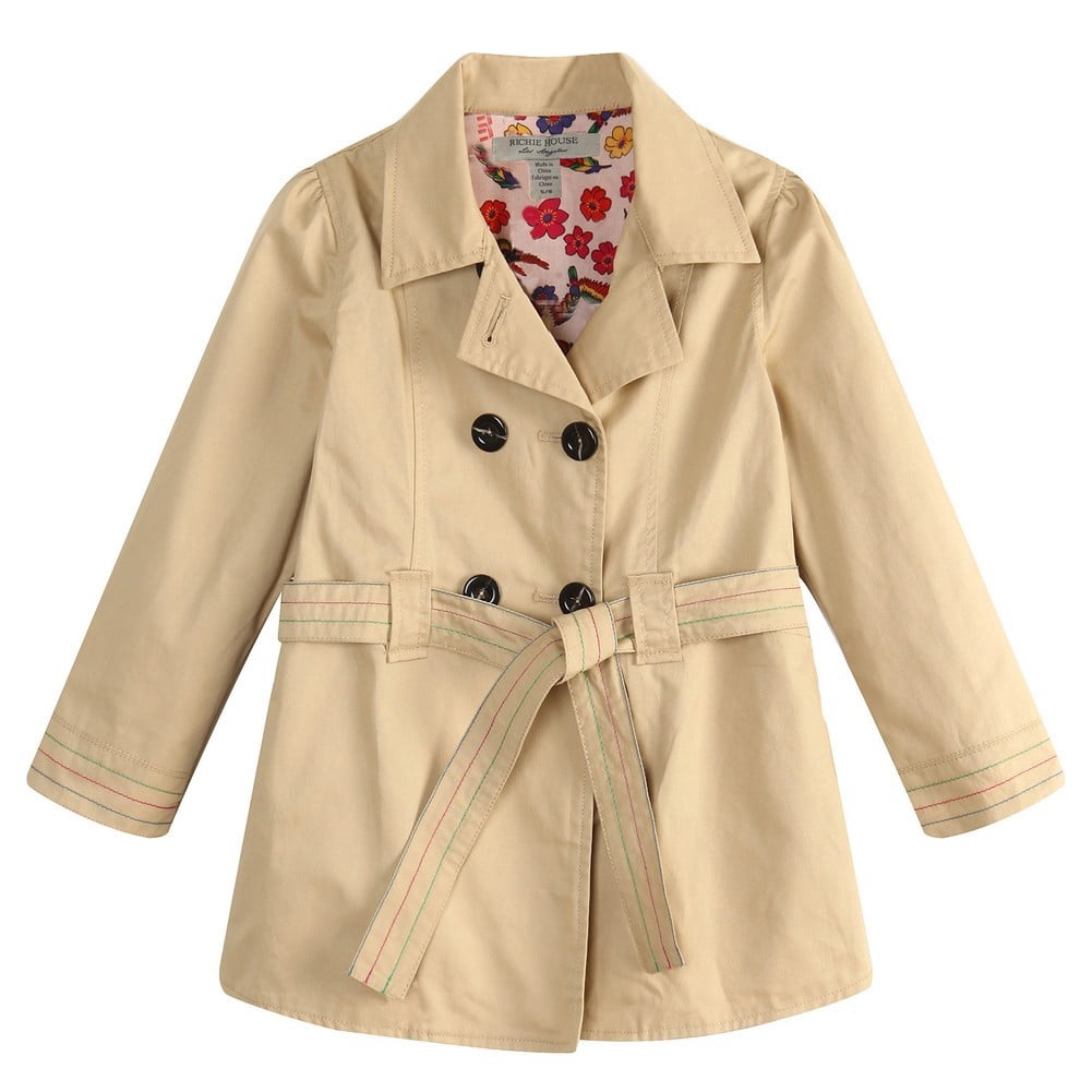 Richie House Little Girls Cream Floral Lining Fabric Trench Coat 3
