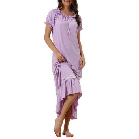 

cheibear Womens Victorian Nightgown Ruffle Short Sleeve Tie Neck Nightshirt Pajama Sleep Dress