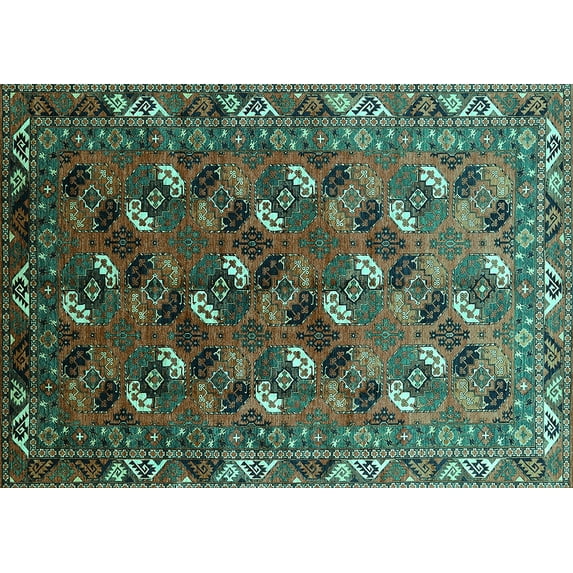 Ahgly Company Machine Washable Indoor Rectangle Oriental Turquoise Blue Industrial Area Rugs, 6' x 9'