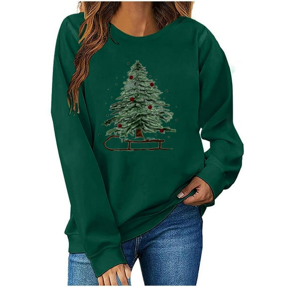 Womens Crew Neck Pullover Sweater Blouses ，Womens Xmas Graphic Sweatshirt Tops Christmas Tree Print Sweatshirt Fall Casual Trendy Sweatshirt Hooded Pullover Tops