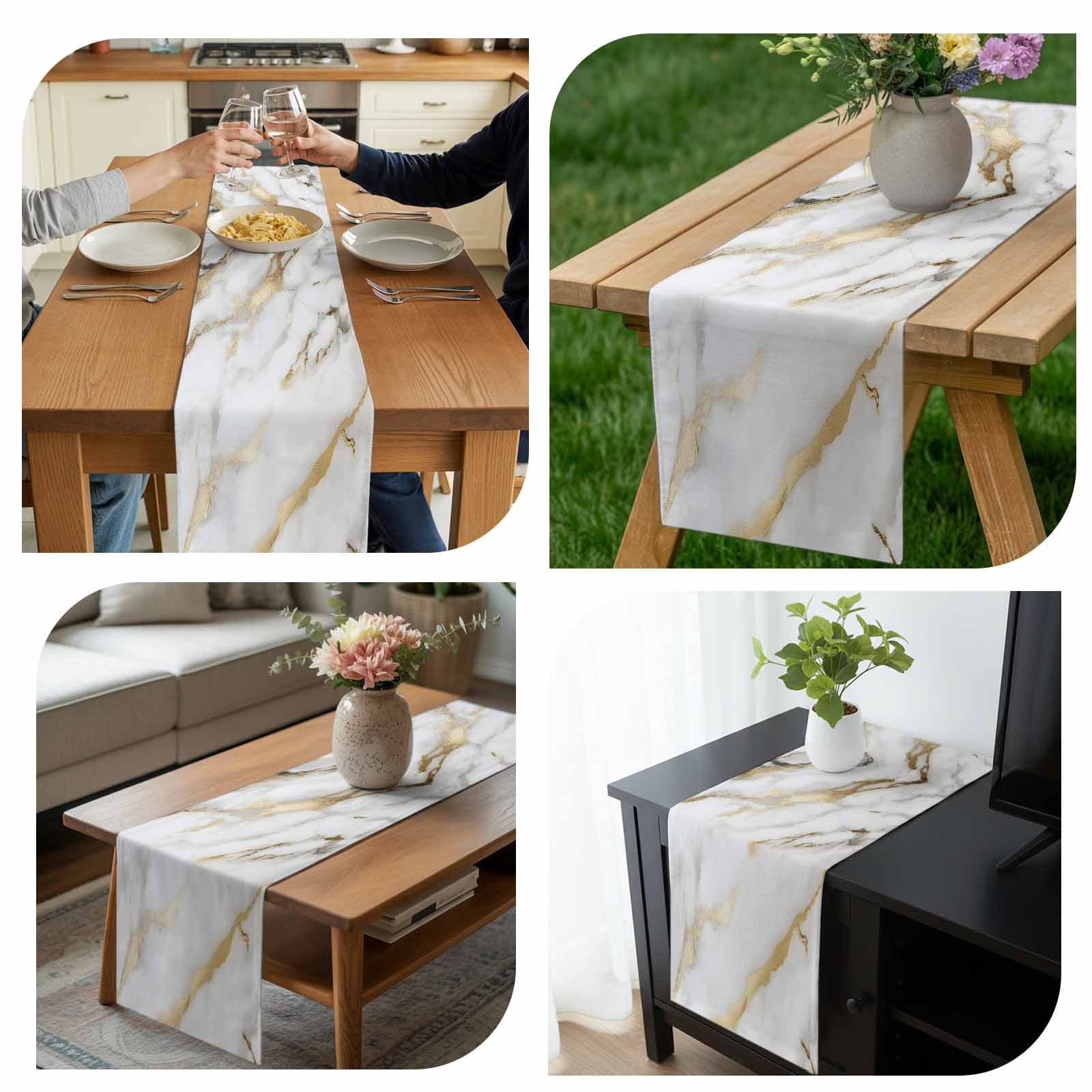Kitchen Table Runner 90 Inches Long, Modern Simple Marble Texture Cotton Linen Table Runners for Dining Tables Home Holiday Party Wedding, Abstract Golden Veins Tabletop Scarf