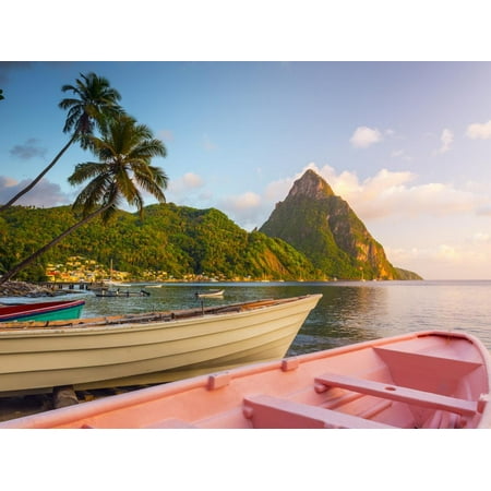 Caribbean, St Lucia, Soufriere Bay, Soufriere Beach and Petit Piton, Traditional Fishing Boats Print Wall Art By Alan