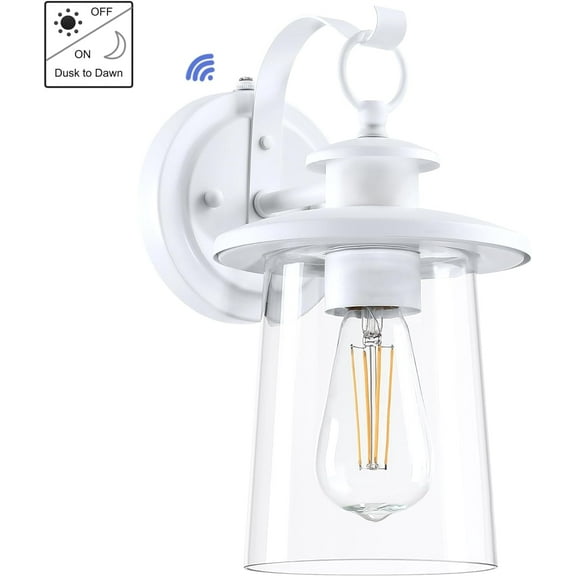 Revtronic Outdoor Wall Light, Dusk to Dawn Matte White Exterior Light Fixture, Photocell Sensor Front Porch Lighting
