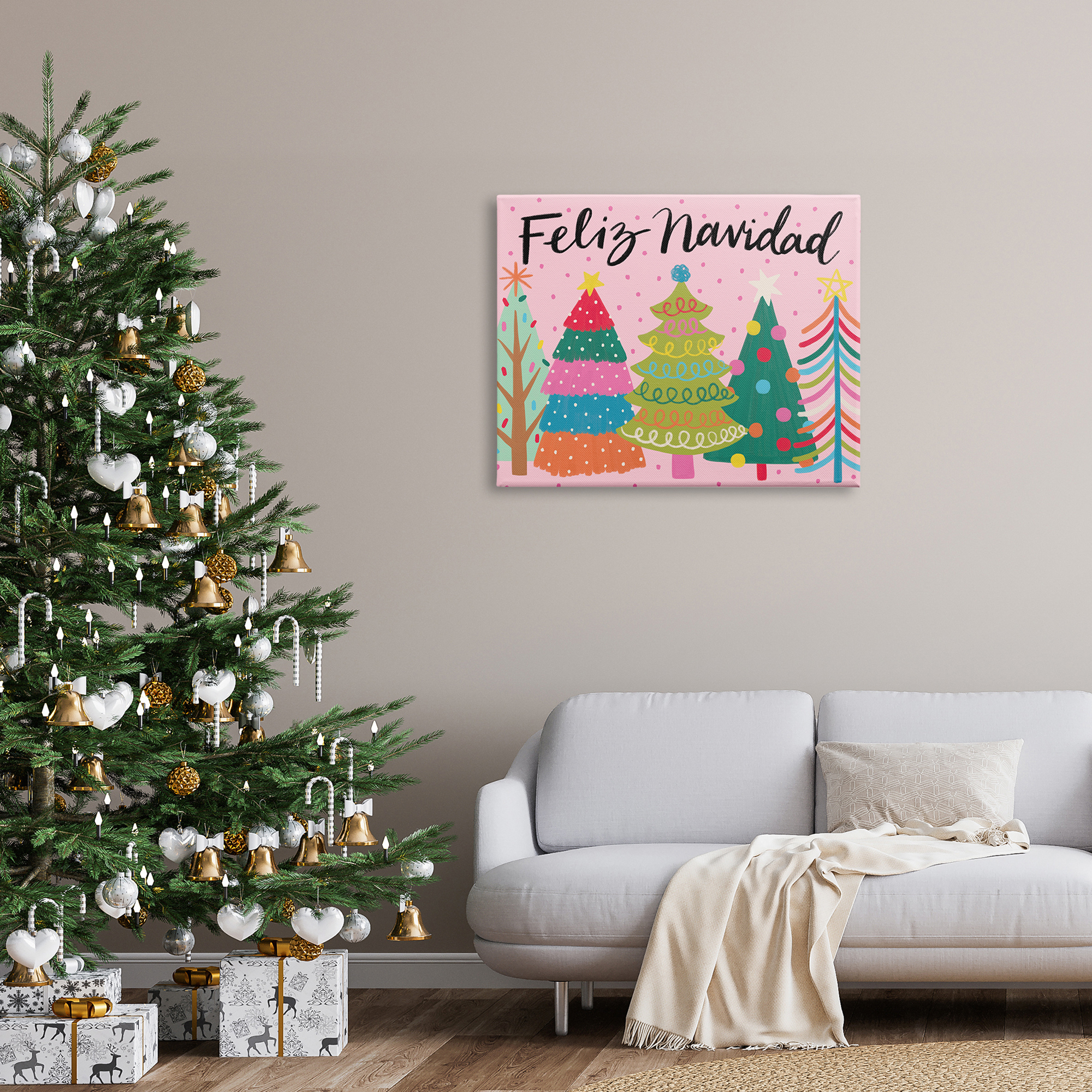 Feliz Navidad Whimsical Patterned Christmas Trees Ornaments Botanical & Floral Graphic Art Gallery-Wrapped Canvas Print Wall Art