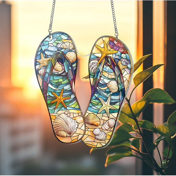 Flip Flop Beach Acrylic Suncatcher, Summer Seaside Window Decor Coastal Ornament