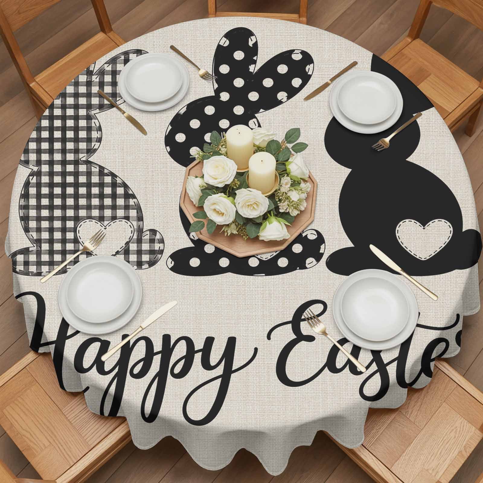 Round Tablecloth Happy Easter Waterproof Oil Proof Polyester Table Cloth Cover Decor for Home Dining Outdoor,Patio,Parties, 54" Dia. Easter Bunny Tails Beige
