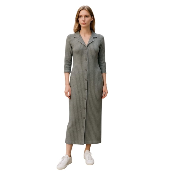 Women Long Sleeves Button Front Knitted Sweater Maxi Dress With Two Side Pocket.